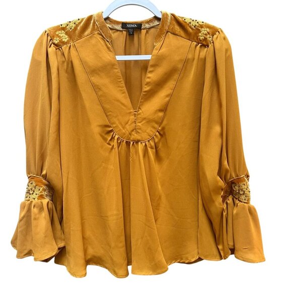 XOXO‎ Embroidered Velvet Accented Blouse Peasant Gold Flowy Glam Y2K Size S - Picture 1 of 7